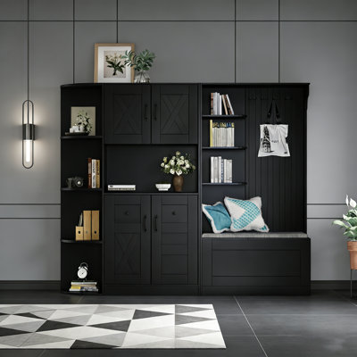 Multifunctional Left-Right Combination Hall Cabinet (Can Be Used Separately) With Storage And 4 Hooks, Storage Cabinet/ Hall Tree 2 In 1 For Living Room, Kitchen And Hallway, Black