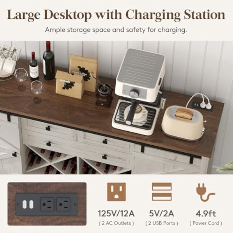Farmhouse Sideboard With Sliding Bar Door And 2 Power Outlets/2 Usb Ports, Buffet Cabinet, Wine Racks, 3 Extra Drawers And 2 Storage Cabinets With Adjustable Shelf For Dining, Rustic White
