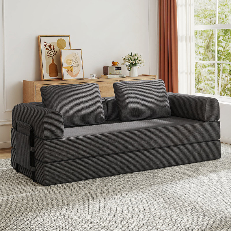Canapé-lit convertible avec coussin cylindrique - Coussin pliant en velours côtelé pour une utilisation polyvalente dans le salon, la chambre à coucher, le salon et le studio - Gris foncé