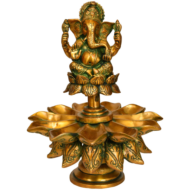 Lampe à huile faite à la main 11 po Lotus Ganesha Lotus - onze mèches en laiton Diya - décor traditionnel de l'autel du Festival - éclairage d'apparat indien