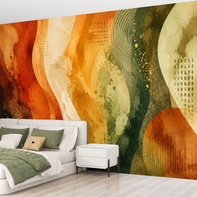 Papier peint adhésif autocollant abstrait terre aux tons terre rouille, or, crème, vert, olive, coups de pinceau, papier auto-adhésif amovible, décoration murale pour le salon Chambre à coucher H 69 po x l 96 po