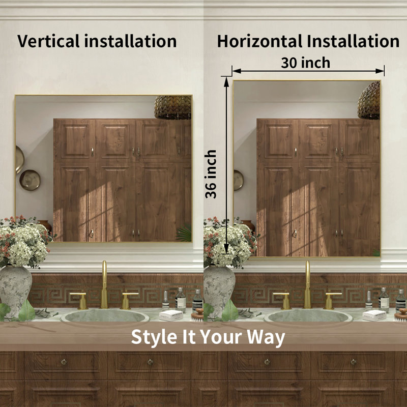 36 in. W x 30 in. H  Rectangular Framed Wall Bathroom Vanity Mirror in Brushed Gold, 36" x 30", Brushed Gold