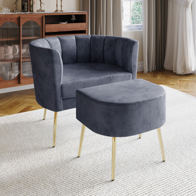 Fauteuil rembourré avec repose-pieds Keighley, Velours gris foncé