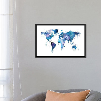 « aquarelle map of the world map, blues & mauves » par michael tompsett, impression sur toile