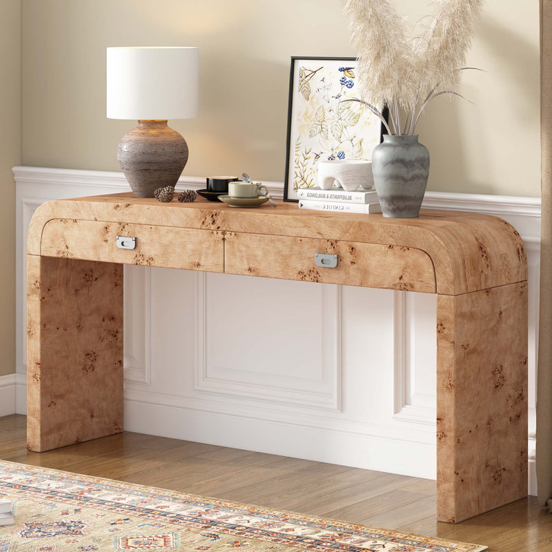 Table d'entrée 60 po en bois avec placage de ronce, console, Bois naturel