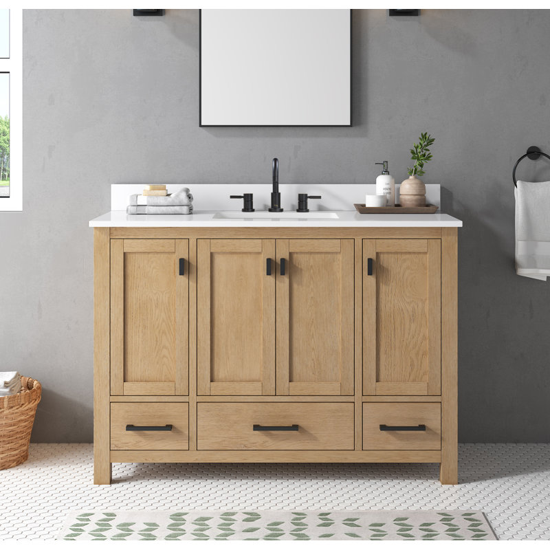 Modero 48" Single Bathroom Vanity with Top, Cala White Marble, Brushed Oak, Black