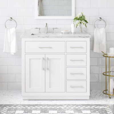 Meuble-lavabo autoportant blanc simple 36 po avec plateau en marbre d'ingénierie Athea, quincaillerie en nickel brossé Athea