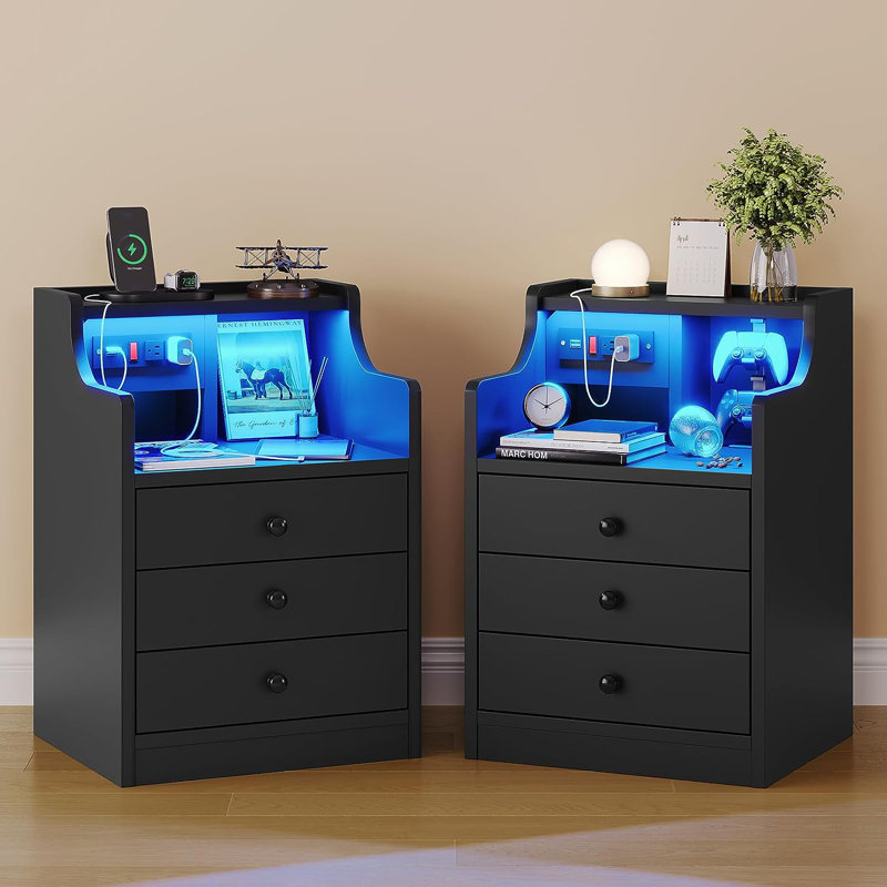 Nightstand Set Of 2 With Charging Station, Led Bedside Table With Drawers, Black