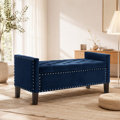 Upholstered Tufted Button Storage Bench with nails trim,Entryway Living Room Soft Padded Seat with Armrest,Bed Bench -Navy