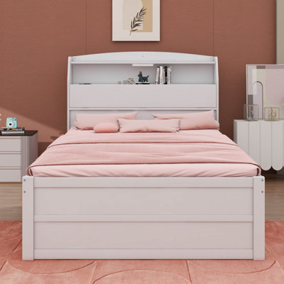 Full-Sized Wooden LED Platform Bed Including Trundle, Storage Headboard, And Built-In Drawers