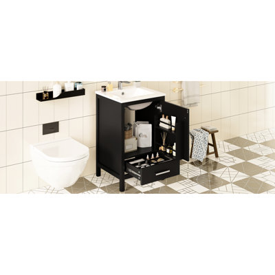 Meuble-lavabo compact de 20 pouces avec rangement intelligent, tiroir à fermeture en douceur et porte à double couche pour un rangement optimal Poignée élégante, mécanisme, petite organisation de tiroir