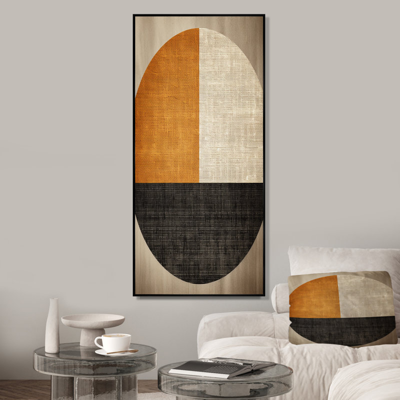 Formes géométriques orange et noires - Collages abstraits, art mural, Cadre flottant noir, H 60 po x l 28 po x P 1,5 po