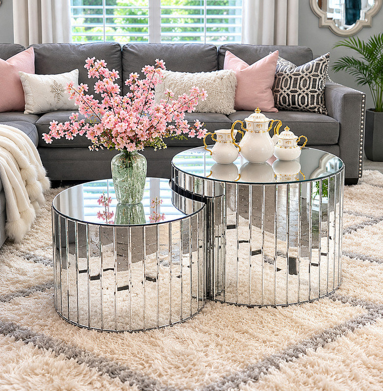 Table basse de luxe avec miroir - petit mobilier de salon moderne argenté