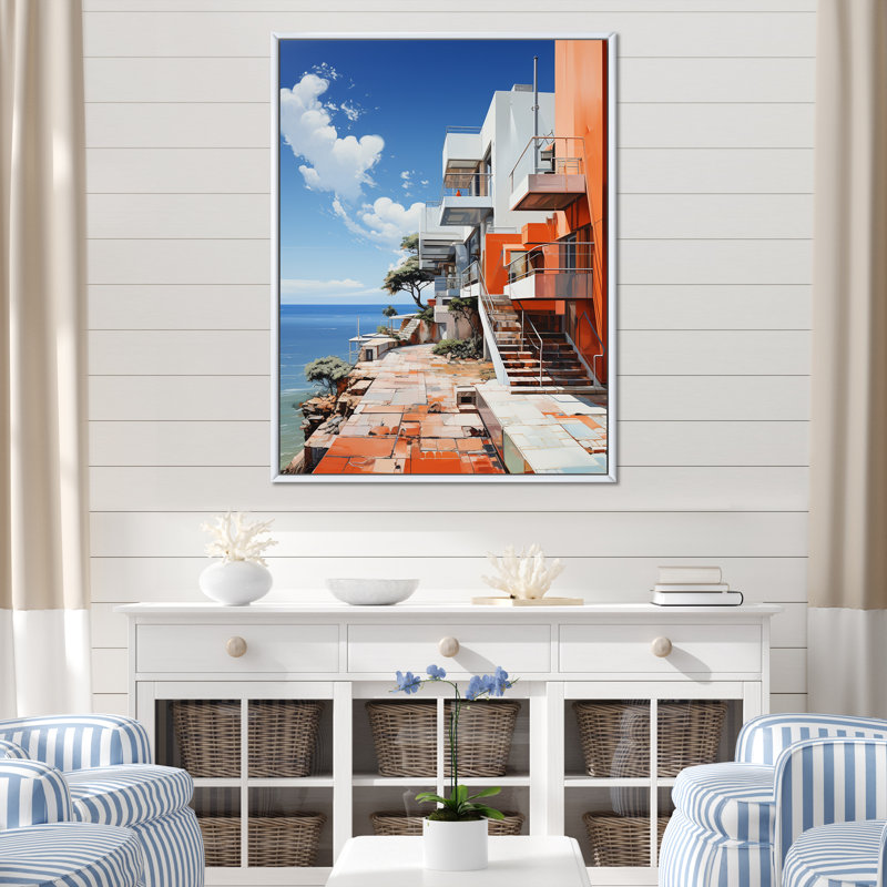 Phare de Stijl Lansdcape sur toile, Cadre flottant blanc, H 32 po x l 24 po