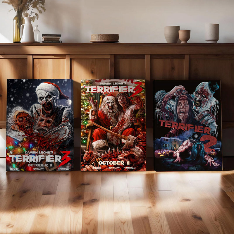 Ensemble de 3 affiches encadrées, reproductions sur toile des films d'horreur Terrifier 3, October II et Terrifier 2 de Damien Leone. Décoration murale effrayante pour l'Halloween, Noël, la maison, le bureau ou le salon.