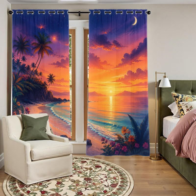 2PCS Grommet Top Blackout Window Curtains, Tropical Beach Sunset Ocean Landscape Polyester Printed Drapes, Thermal Insulated, Noise Reducing, Privacy Protection, Room Darkening Window Treatments for Living Bedroom Indoor Home Decor