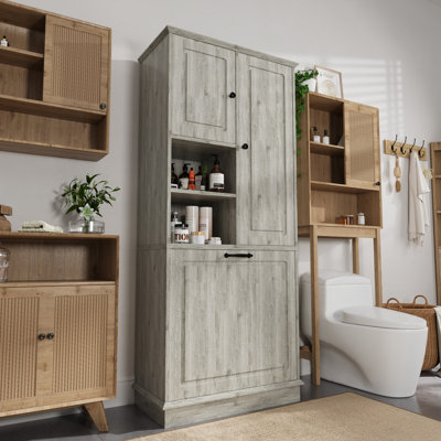 Armoire de salle de bain avec panier à linge inclinable, armoire de salle de bain avec tablettes réglables, style autoportant