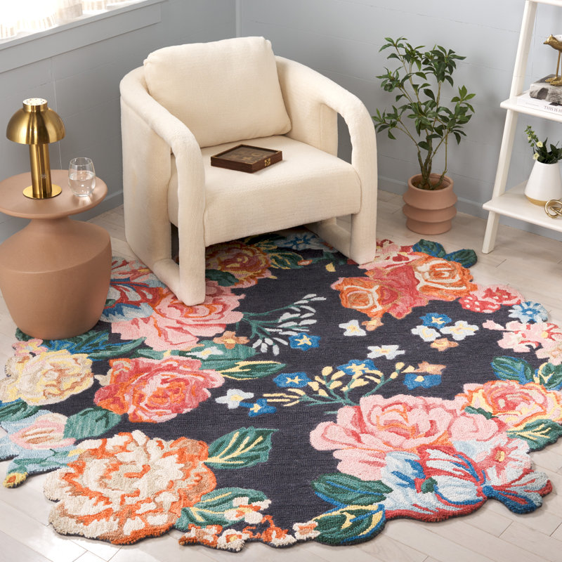 Jardin 6' Round Navy and Pink Wool Floral Rug