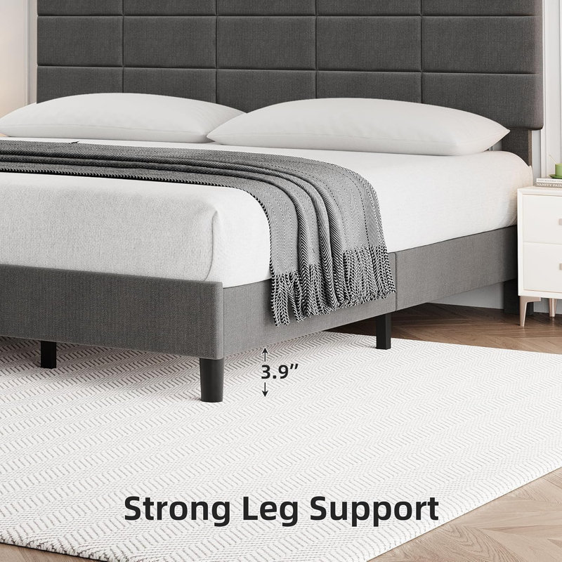 King Linen Bed – 12-Panel Headboard, Light Gray