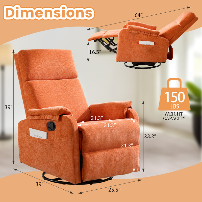 KORSER Recliner Chair, Small Recliner For Small Space,  Manual Recliner With Side Pocket , Recliners For Living Room, Orange