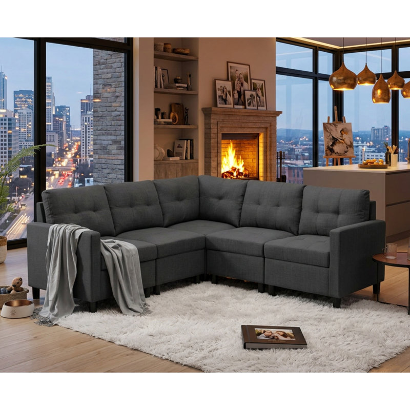 Canapé modulaire de coin rembourré Kentrell pour petit espace de vie, Lin gris foncé