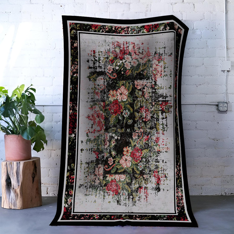 Tapis décoratif multicolore à motif floral rose, Rectangle 3 pi 11,24 po x 5 pi 10,87 po
