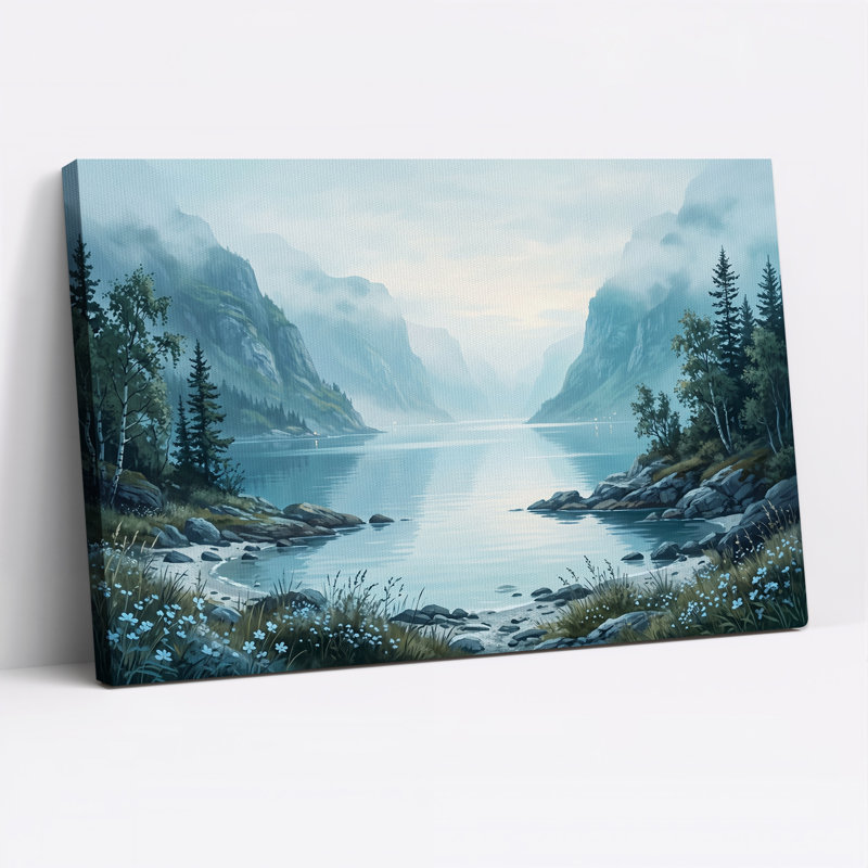 Tableau sur toile représentant un lac de montagne brumeux avec des pins, 24"H x 36"W