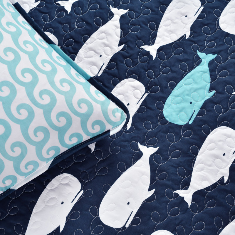 Ensemble de courtepointe réversible en microfibre moderne et contemporaine Whale, Bleu marine