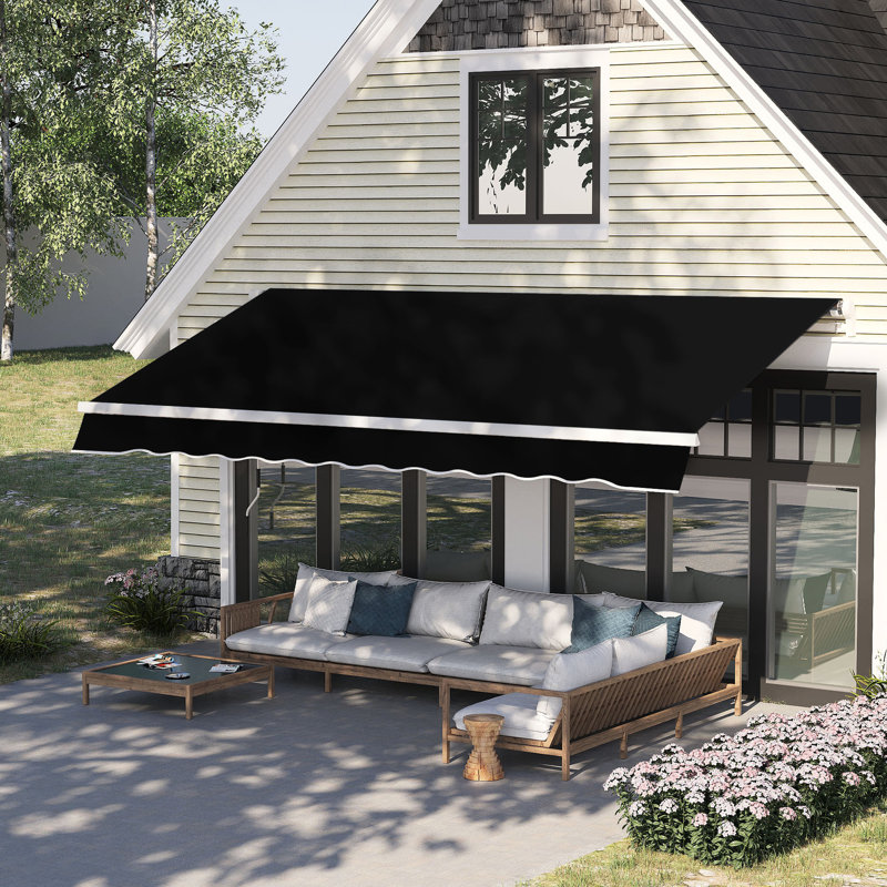 8' X 7' Patio Sunshade Awning - Black Manual Retractable. Adjust To Cut Down Sun Impact & Heat, Works On Various Surfaces, Robust Aluminum Steel Frame, Cover Retractable Shade Deck Window Cover.