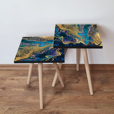 Ensemble de 2 tables gigognes modernes, conception abstraite, pieds en bois de hêtre, 13,8 po x 18,5 po x 13,8 po et 13,8 po x 16,5 po x 13,8 po | Fabrication 100% en panneau de fibres à densité moyenne de 0,7 po d'épaisseur | Idéal pour le salon, élégant et fonctionnel