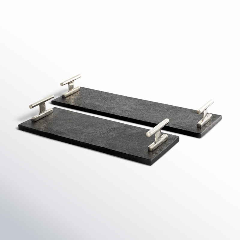 Aedic Mable Tray - Set of 2, 3.25"Hx6.9"Wx22.25"D & 3.3"Hx 7.1"Wx 18.35"D, Silver/Black