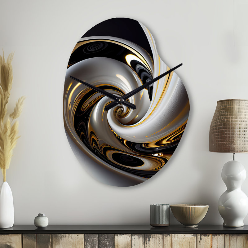 Vitrail doré noir et blanc III - Horloges murales asymétriques abstraites en métal, horloge murale de forme unique dorée