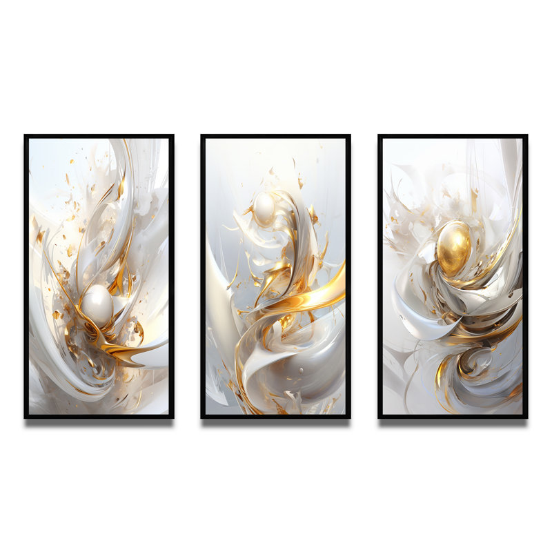 «Fractal Gold Sphere On White», 3 pièces sur toile, H 28 po x l 36 po, Cadre flottant noir