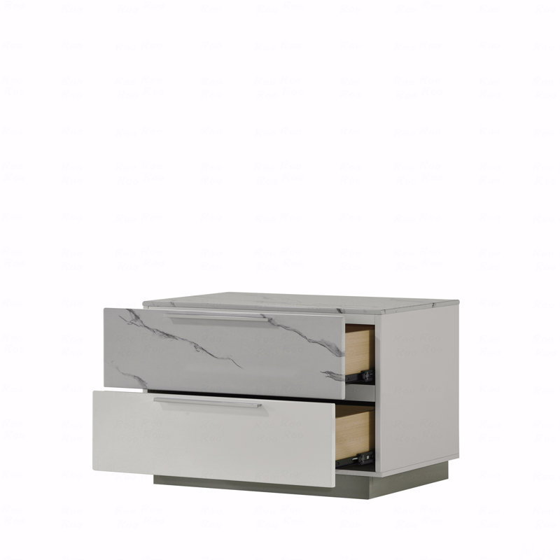 Table de chevet - Finition bicolore ultrabrillante en marbre et laque avec deux tiroirs, intérieur doublé de velours et design élégant et compact