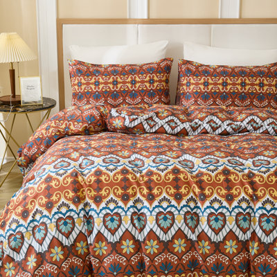 Housse de couette pour lit grand - ensemble de literie 100% coton Boho, motif géométrique orange brûlé doux avec fermeture à glissière, housse d'édredon rétro méditerranéen 3 pièces