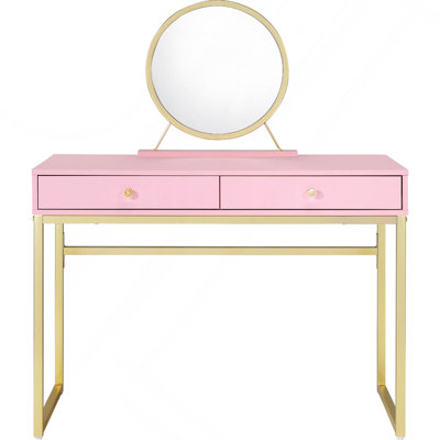 2 Drawers Vanity Desk With Mirror And Jewelry Tray, Pink And Gold