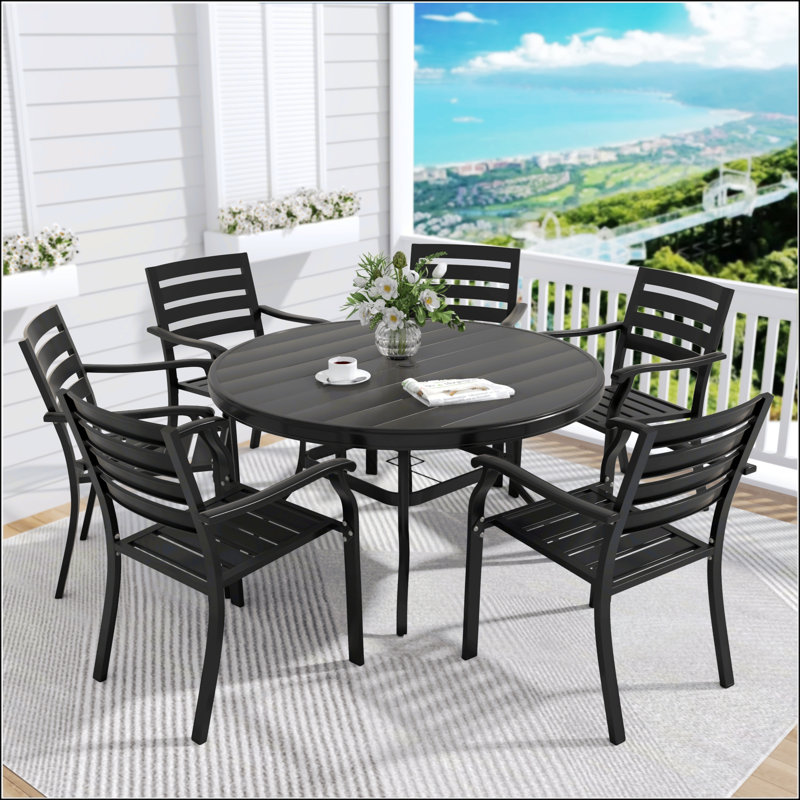 Table de salle à manger ronde pour l'extérieur durable pour 6 à 7 personnes, avec trou pour parasol et finition grès élégante