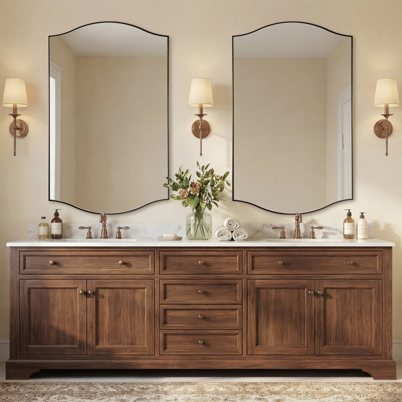 Dual Arch Scalloped Rectangular Bathroom Wall Mirror | Stainless Steel Frame, Brushed Bronze, 48" x 30"