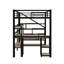 Lit mezzanine double en métal avec escalier, bureau et tablettes