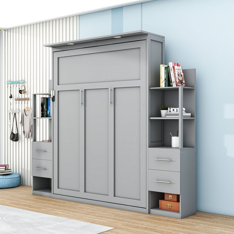 Lit escamotable polyvalent avec tablettes de rangement et tiroirs Sebatian, gris, Grand