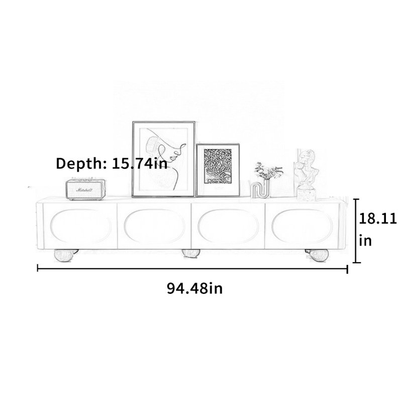 Meuble télé en bois massif de style crème avec 2 tiroirs et 2 armoires, 94.48"