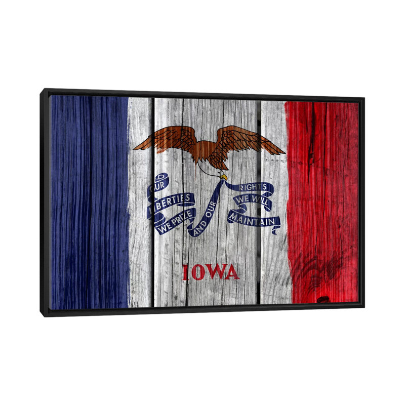 Iowa flag, bois planches, impression sur toile, H 18 po x l 26 po x P 1,5 po, Toile avec cadre noir, Pas de tapis