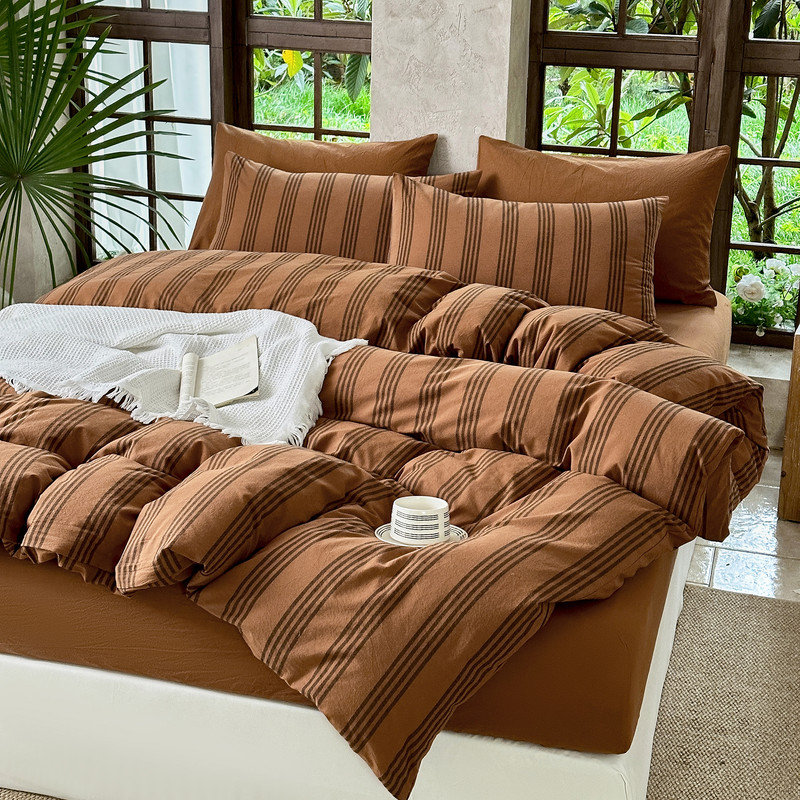 Ensemble de housse de couette rayé 100% coton délavé 3 pièces DONEUS, Housse de couette pour très grand lit et 2 taies