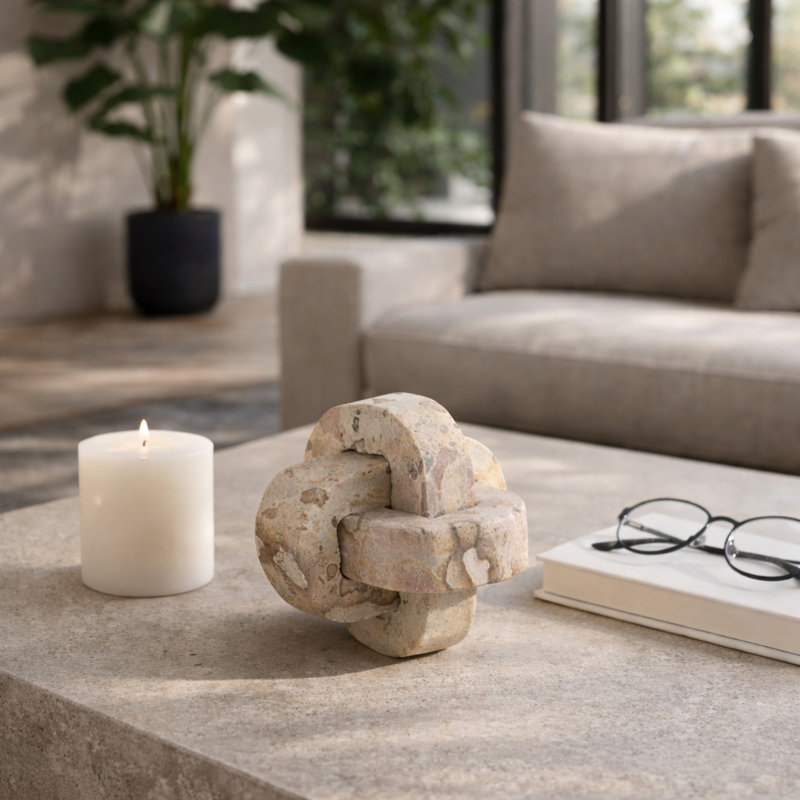 Refined Marble Knot Sculpture for Home Decor - Decorative Object Accent for Office Styling, Living Room or Shelf Decoration Display - Ivory & Tan