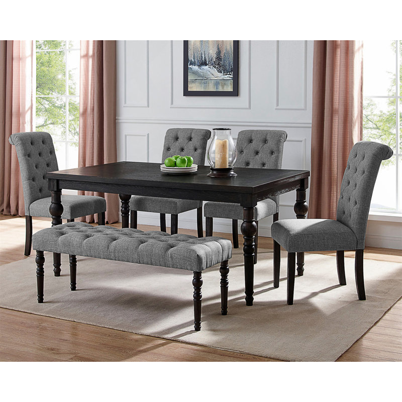 Ensemble de salle à manger en bois foncé de style urbain Leviton: table, 4 chaises et banc, Gris