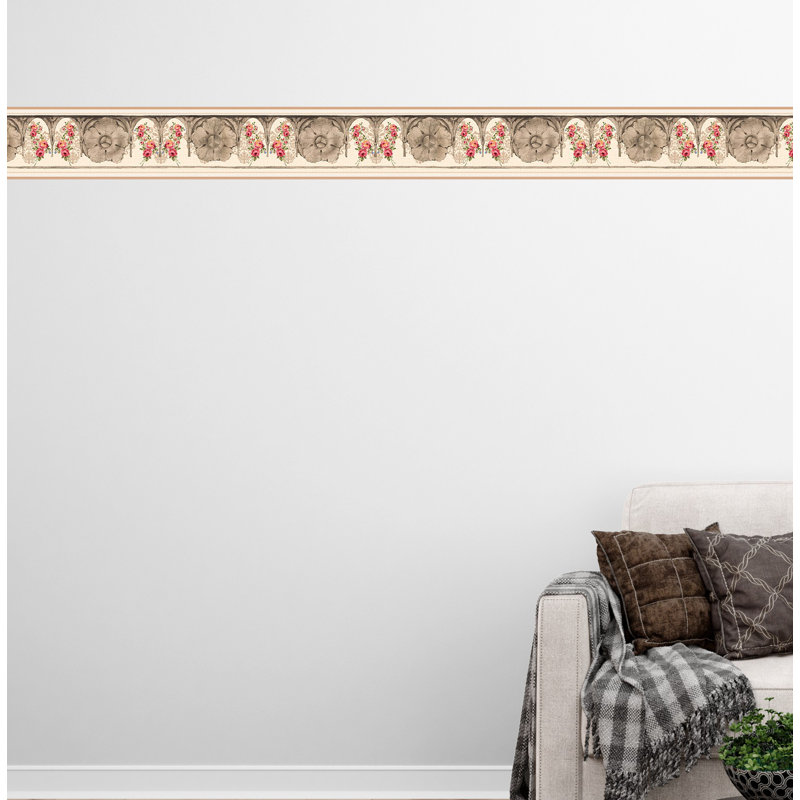 Bordure de papier peint pelez et collez Winger - beige abstrait, fleur rose, bordure murale à volutes, rétro, 15 pi X 7 po, auto-adhésif