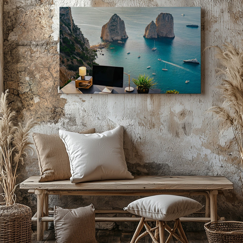 Toile, "Scène côtière sereine avec falaises escarpées et deux éminents", "Rock Formations", H 16 po x l 20 po