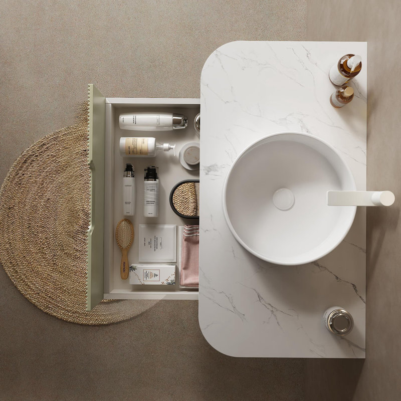 Meuble-lavabo mural moderne 36 po avec lavabo rond en céramique Dina, bords arrondis, armoire de rangement rayée, finition vert clair, pré-assemblé, robinet non inclus Dina