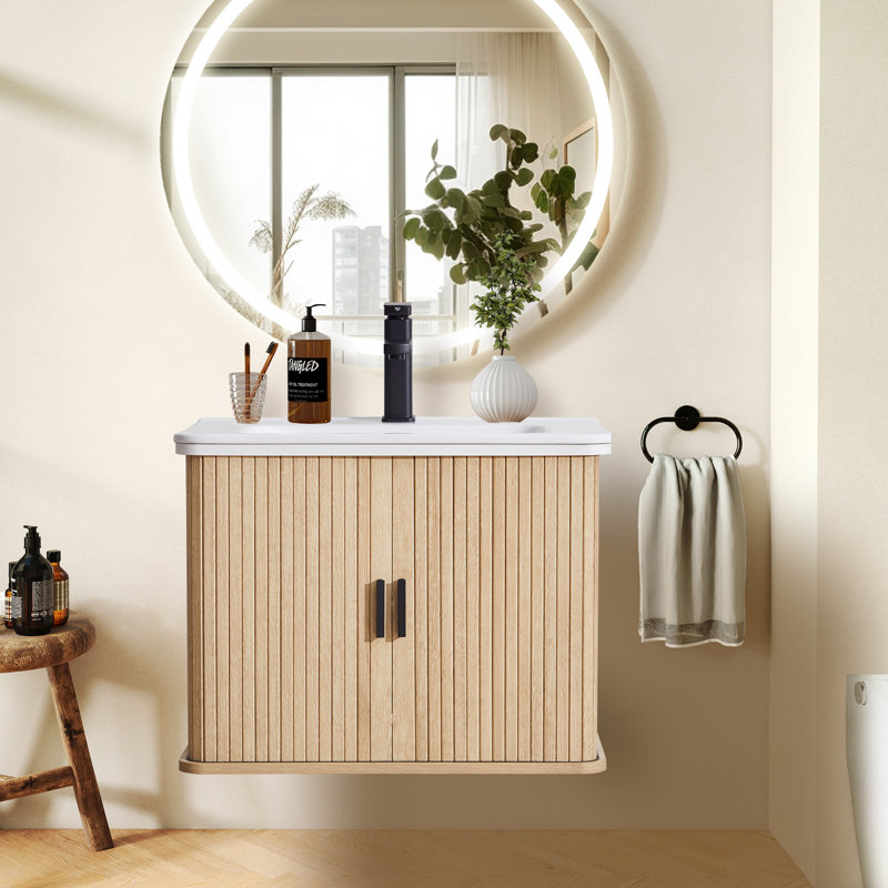 24.13" Wall Mounted Single Bathroom Vanity Set With Sink Top, Faucet And Fluted Design Cabinet, Natural