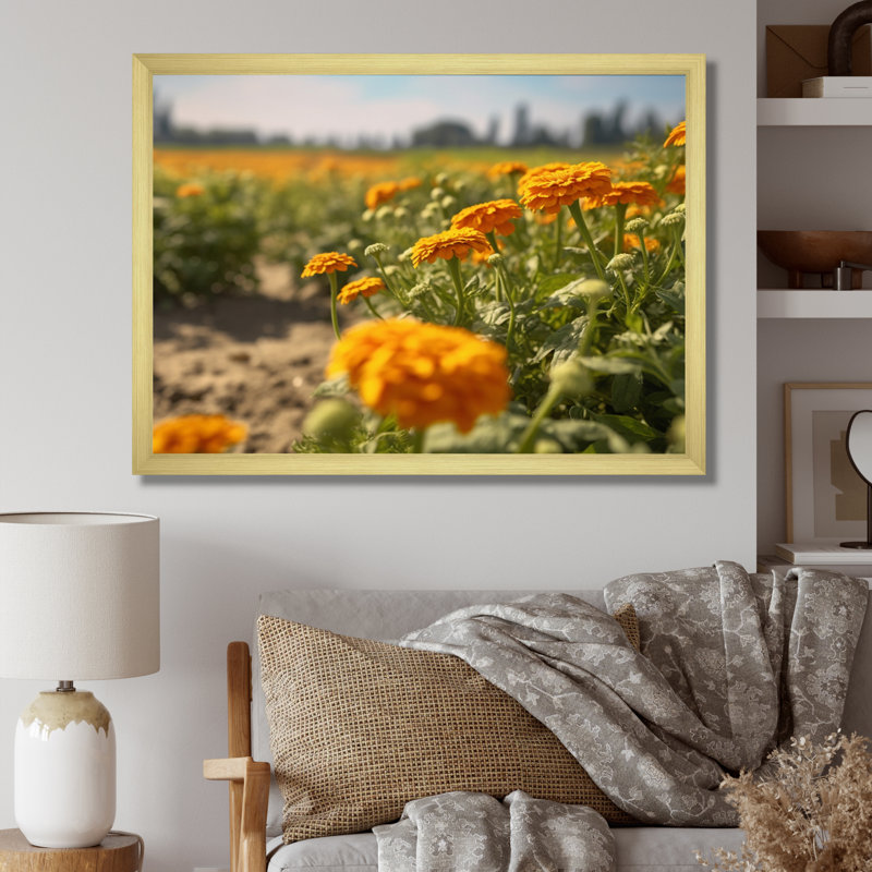 Jaune jaune vert souci I - reproduction sur toile, H 24 po x l 32 po x P 1 po, Cadre photo doré simple